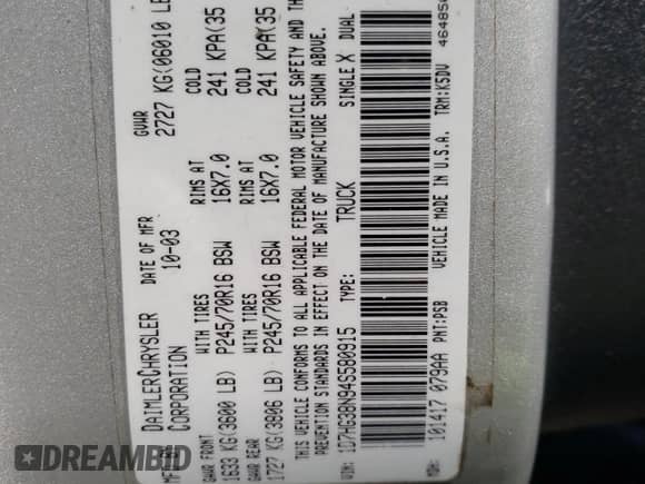 2004 Dodge Dakota Sport with VIN 1D7HG38N94S580915, listed as a Copart auction lot 71641874 with 162,965 mi miles and Clean title. Bid and sale history available at DreamBid. Image 12.
