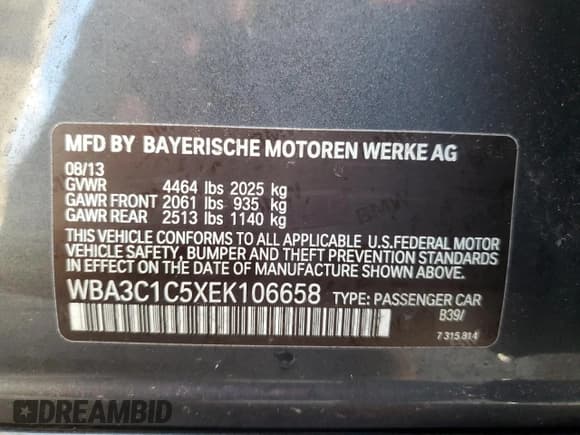 ✅ 2014 BMW 3 Series 328i • VIN: WBA3C1C5XEK106658 • Lot: 92718375. Listed on Copart with 133,372 mi. Free auction sales archive from the USA and detailed vehicle history report at DreamBid. Image 12.