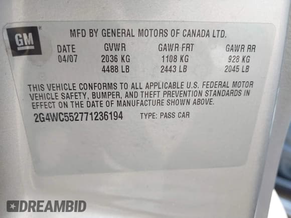 ✅ 2007 Buick LaCrosse CX • VIN: 2G4WC552771236194 • Lot: 41863780. Listed on IAAI with 104,215 mi. Free auction sales archive from the USA and detailed vehicle history report at DreamBid. Image 9.