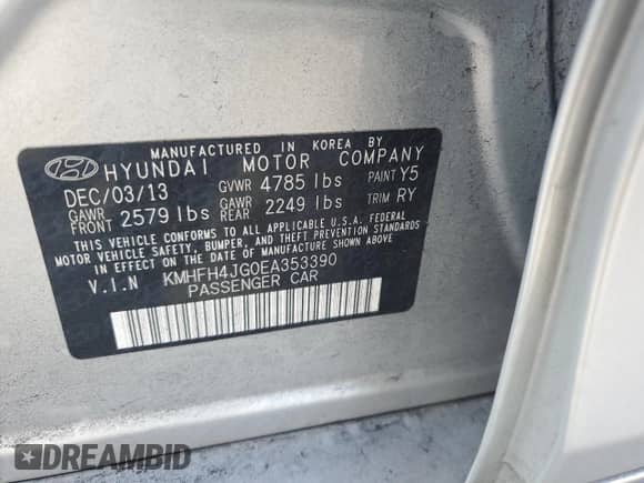 2014 Hyundai Azera Limited с VIN KMHFH4JG0EA353390, выставлен на аукционе Copart как лот 42502275 с пробегом 105 868 миль миль и Списание • Salvage title. История ставок и продаж доступна на DreamBid. Изображение 12.
