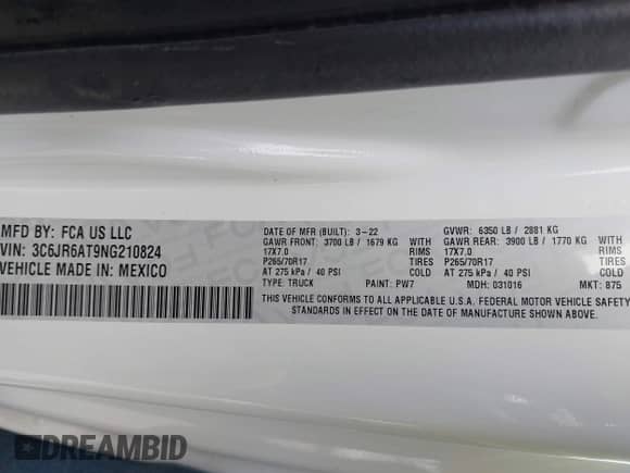 2022 Ram 1500 Tradesman с VIN 3C6JR6AT9NG210824, выставлен на аукционе IAAI как лот 42161290 с пробегом 61 371 миль миль и . История ставок и продаж доступна на DreamBid. Изображение 9.