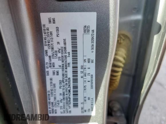 ✅ 2021 Ford Ranger XL • VIN: 1FTER4FH3MLD63526 • Лот: 85415215. Опубликован ранее на Copart с пробегом 83 147 миль. Бесплатный доступ к архиву аукционных продаж из США и подробный отчёт об истории автомобиля на DreamBid. Изображение 12.