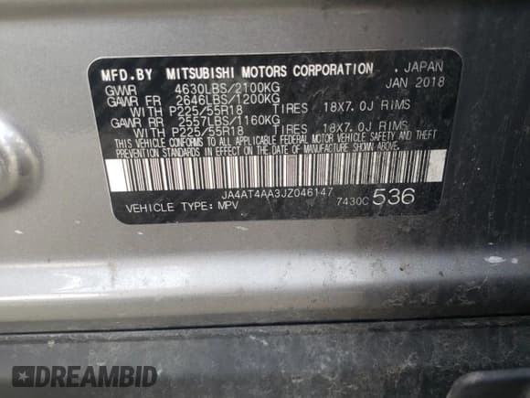 ✅ 2018 Mitsubishi Eclipse Cross LE • VIN: JA4AT4AA3JZ046147 • Lot: 50902365. Listed on Copart with 125,922 mi. Free auction sales archive from the USA and detailed vehicle history report at DreamBid. Image 13.