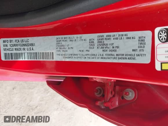 2022 Ram 1500 Big Horn with VIN 1C6RRFFG0NN324961, listed as a IAAI auction lot 43189686 with 37,154 mi miles and . Bid and sale history available at DreamBid. Image 9.