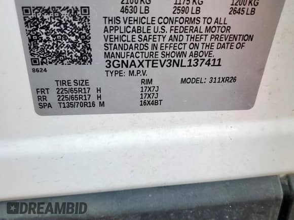 2022 Chevrolet Equinox LT с VIN 3GNAXTEV3NL137411, выставлен на аукционе Copart как лот 71226255 с пробегом 85 358 миль миль и Списание • Salvage title. История ставок и продаж доступна на DreamBid. Изображение 12.