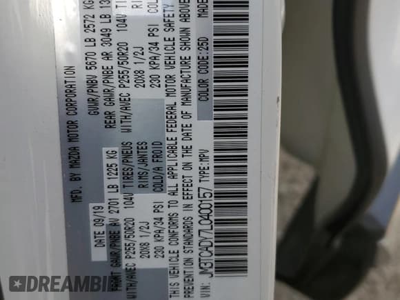 ✅ 2020 Mazda CX-9 Grand Touring • VIN: JM3TCADY7L0400157 • Lot: 44187565. Wystawiony na Copart z przebiegiem 49 752 mil. Bezpłatny archiwum sprzedaży aukcyjnych z USA i szczegółowy raport historii pojazdu na DreamBid. Zdjęcie 14.