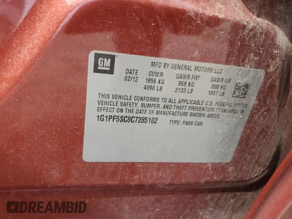 2012 Chevrolet Cruze 1LT z VIN 1G1PF5SC8C7285102, wystawiony jako Copart lot #51666615 z przebiegiem 103 425 mil mil oraz Nie do naprawy • Non repairable. Historia ofert i sprzedaży dostępna na DreamBid. Obrazek 12.