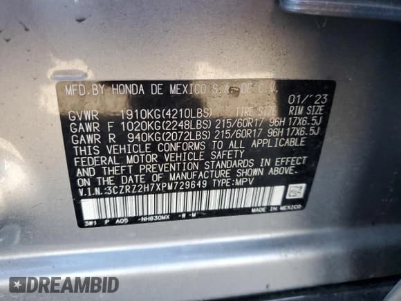 ✅ 2023 Honda HR-V EX-L • VIN: 3CZRZ2H7XPM729649 • Лот: 87460705. Опубликован ранее на Copart с пробегом 16 884 миль. Бесплатный доступ к архиву аукционных продаж из США и подробный отчёт об истории автомобиля на DreamBid. Изображение 13.