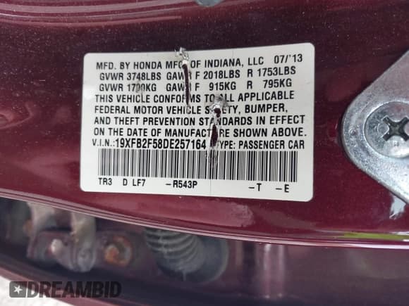 ✅ 2013 Honda Civic LX • VIN: 19XFB2F58DE257164 • Лот: 43603750. Опубликован ранее на IAAI с пробегом 102 381 миль. Бесплатный доступ к архиву аукционных продаж из США и подробный отчёт об истории автомобиля на DreamBid. Изображение 9.