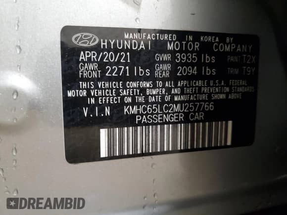 2021 Hyundai Ioniq Blue с VIN KMHC65LC2MU257766, выставлен на аукционе Copart как лот 73635564 с пробегом 95 652 миль миль и Чистый • Clean title. История ставок и продаж доступна на DreamBid. Изображение 12.