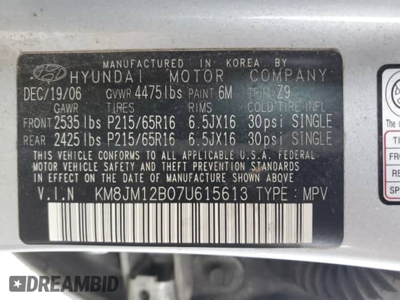 2007 Hyundai Tucson GLS z VIN KM8JM12B07U615613, wystawiony jako Copart lot #73453164 z przebiegiem 245 162 mil mil oraz Szkoda całkowita • Salvage title. Historia ofert i sprzedaży dostępna na DreamBid. Obrazek 15.