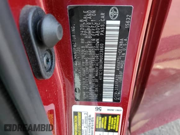 2021 Toyota Camry LE with VIN 4T1C11BK0MU023660, listed as a Copart auction lot 70505895 with 54,746 mi miles and Salvage title. Bid and sale history available at DreamBid. Image 13.