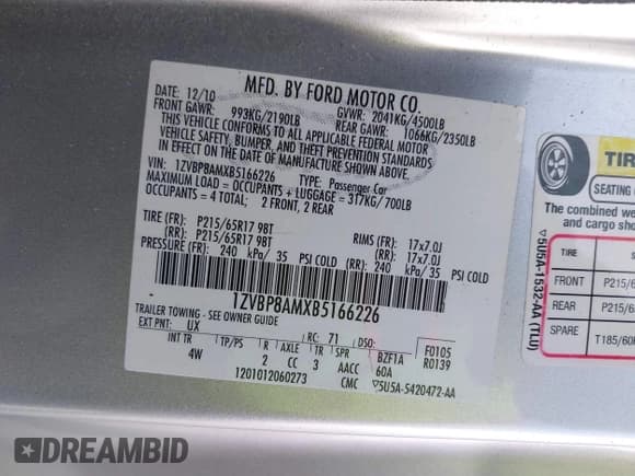 ✅ 2011 Ford Mustang V6 • VIN: 1ZVBP8AMXB5166226 • Lot: 40377235. Listed on IAAI with 111,198 mi. Free auction sales archive from the USA and detailed vehicle history report at DreamBid. Image 9.