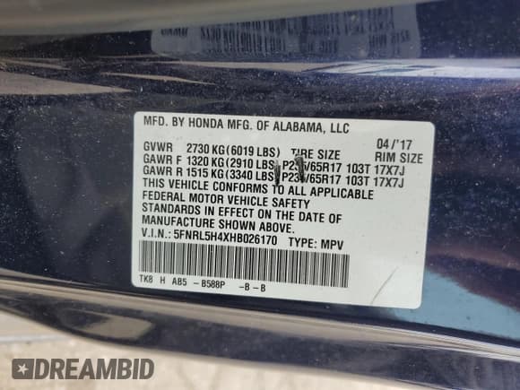 ✅ 2017 Honda Odyssey EX • VIN: 5FNRL5H4XHB026170 • Lot: 56756985. Listed on Copart with 157,275 mi. Free auction sales archive from the USA and detailed vehicle history report at DreamBid. Image 13.