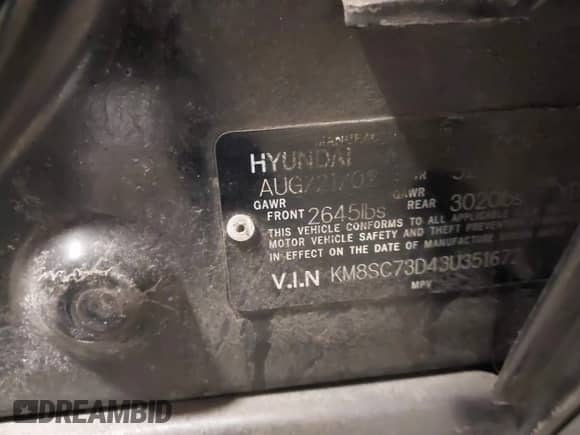 2003 Hyundai Santa Fe GLS с VIN KM8SC73D43U351672, выставлен на аукционе IAAI как лот 41767938 с пробегом 175 843 миль миль и . История ставок и продаж доступна на DreamBid. Изображение 9.