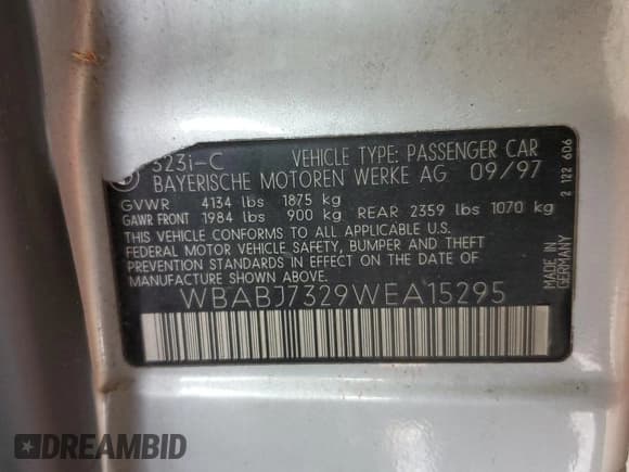 ✅ 1998 BMW 3 Series 323i • VIN: WBABJ7329WEA15295 • Lot: 92878695. Listed on Copart with 139,732 mi. Free auction sales archive from the USA and detailed vehicle history report at DreamBid. Image 13.