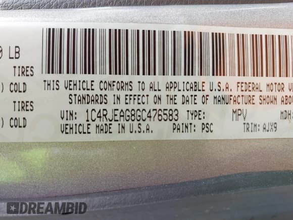 ✅ 2016 Jeep Grand Cherokee Laredo • VIN: 1C4RJEAG8GC476583 • Lot: 42300852. Listed on IAAI with Not provided. Free auction sales archive from the USA and detailed vehicle history report at DreamBid. Image 9.
