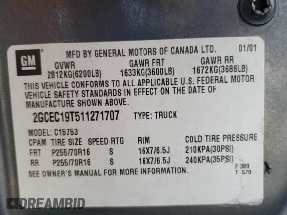 2001 Chevrolet Silverado 1500 LT z VIN 2GCEC19T511271707, wystawiony jako Copart lot #44648365 z przebiegiem 164 769 mil mil oraz Szkoda całkowita • Salvage title. Historia ofert i sprzedaży dostępna na DreamBid. Obrazek 15.