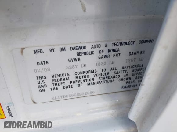 ✅ 2008 Chevrolet Aveo LS • VIN: KL1TD66608B226661 • Lot: 43409929. Wystawiony na IAAI z przebiegiem 152 957 mil. Bezpłatny archiwum sprzedaży aukcyjnych z USA i szczegółowy raport historii pojazdu na DreamBid. Zdjęcie 9.