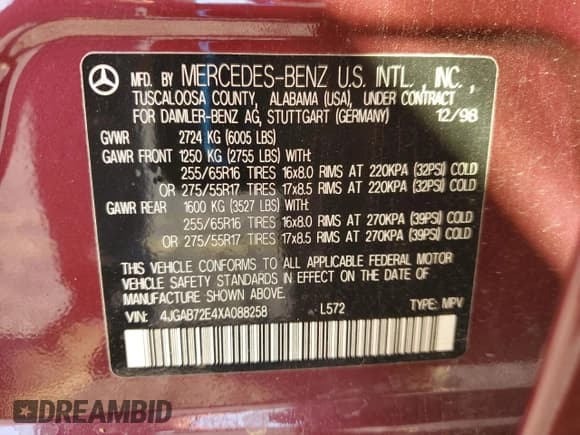 ✅ 1999 Mercedes-Benz M 320/430/500 • VIN: 4JGAB72E4XA088258 • Lot: 66375055. Listed on Copart with 60,613 mi. Free auction sales archive from the USA and detailed vehicle history report at DreamBid. Image 14.