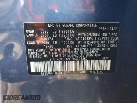 ✅ 2021 Subaru Outback Limited XT • VIN: 4S4BTGND3M3208362 • Lot: 80892555. Listed on Copart with 27,007 mi. Free auction sales archive from the USA and detailed vehicle history report at DreamBid. Image 13.