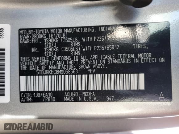 ✅ 2021 Toyota Sienna XLE • VIN: 5TDJRKEC8MS058563 • Lot: 56932015. Listed on Copart with 57,319 mi. Free auction sales archive from the USA and detailed vehicle history report at DreamBid. Image 14.