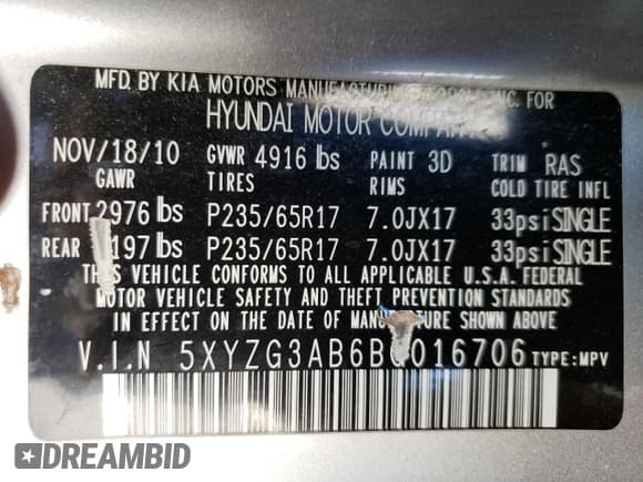 ✅ 2011 Hyundai Santa Fe GLS • VIN: 5XYZG3AB6BG016706 • Lot: 82797634. Listed on Copart with 186,201 mi. Free auction sales archive from the USA and detailed vehicle history report at DreamBid. Image 13.