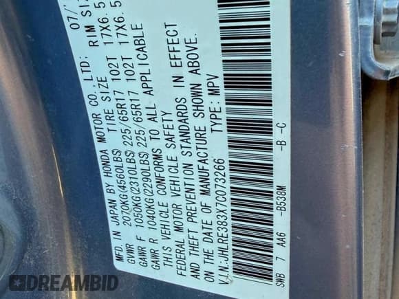 ✅ 2007 Honda CR-V LX • VIN: JHLRE383X7C073266 • Lot: 94758605. Wystawiony na Copart z przebiegiem 193 006 mil. Bezpłatny archiwum sprzedaży aukcyjnych z USA i szczegółowy raport historii pojazdu na DreamBid. Zdjęcie 10.