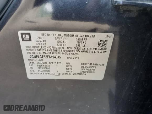 2015 Chevrolet Equinox LT z VIN 2GNFLGE38F6194345, wystawiony jako Copart lot #67462195 z przebiegiem 132 801 mil mil oraz Szkoda całkowita • Salvage title. Historia ofert i sprzedaży dostępna na DreamBid. Obrazek 13.