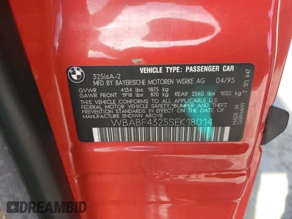 ✅ 1995 BMW 3 Series • VIN: WBABF4325SEK18014 • Lot: 58555155. Listed on Copart with 117,604 mi. Free auction sales archive from the USA and detailed vehicle history report at DreamBid. Image 12.