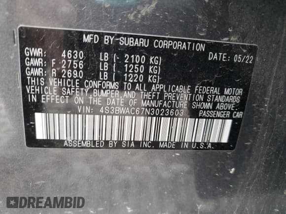 ✅ 2022 Subaru Legacy Premium • VIN: 4S3BWAC67N3023603 • Лот: 57227165. Опубликован ранее на Copart с пробегом 45 622 миль. Бесплатный доступ к архиву аукционных продаж из США и подробный отчёт об истории автомобиля на DreamBid. Изображение 13.