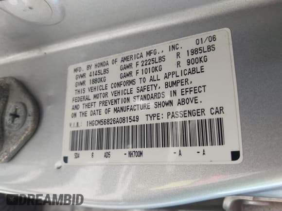 ✅ 2006 Honda Accord EX-L • VIN: 1HGCM56826A081549 • Лот: 43500528. Опубликован ранее на IAAI с пробегом 164 293 миль. Бесплатный доступ к архиву аукционных продаж из США и подробный отчёт об истории автомобиля на DreamBid. Изображение 9.