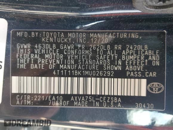 2021 Toyota Camry SE с VIN 4T1T11BK1MU026292, выставлен на аукционе Copart как лот 69388335 с пробегом 62 913 миль миль и Списание • Salvage title. История ставок и продаж доступна на DreamBid. Изображение 12.