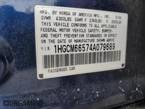 ✅ 2004 Honda Accord EX • VIN: 1HGCM66574A079689 • Лот: 90856095. Опубликован ранее на Copart с пробегом 140 648 миль. Бесплатный доступ к архиву аукционных продаж из США и подробный отчёт об истории автомобиля на DreamBid. Изображение 12.