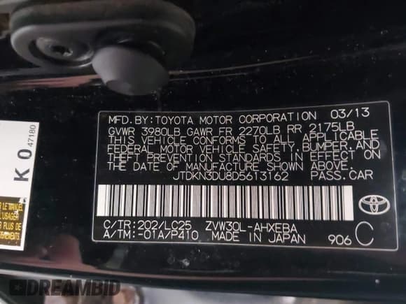 ✅ 2013 Toyota Prius One • VIN: JTDKN3DU8D5613162 • Lot: 42868609. Listed on IAAI with 176,163 mi. Free auction sales archive from the USA and detailed vehicle history report at DreamBid. Image 9.