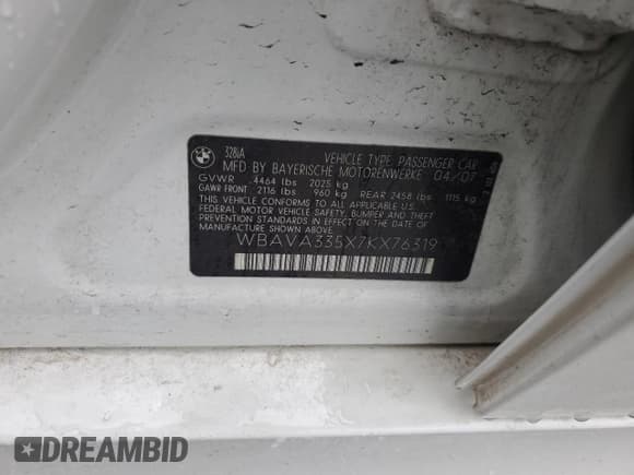 ✅ 2007 BMW 3 Series 328i • VIN: WBAVA335X7KX76319 • Lot: 57342215. Listed on Copart with 176,016 mi. Free auction sales archive from the USA and detailed vehicle history report at DreamBid. Image 12.