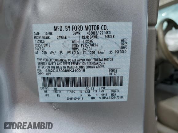 ✅ 2009 Mercury Mariner Hybrid • VIN: 4M2CU39389KJ10015 • Lot: 67300325. Listed on Copart with 140,183 mi. Free auction sales archive from the USA and detailed vehicle history report at DreamBid. Image 13.