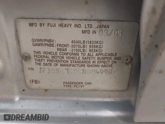 ✅ 2005 Subaru Impreza RS • VIN: JF1GG67505H806448 • Lot: 43219230. Listed on IAAI with 196,998 mi. Free auction sales archive from the USA and detailed vehicle history report at DreamBid. Image 9.