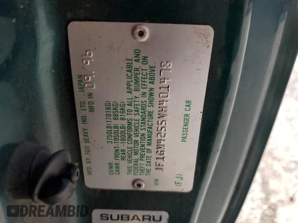 ✅ 1997 Subaru Impreza • VIN: JF1GM4255VH401478 • Lot: 56221515. Listed on Copart with 75,202 mi. Free auction sales archive from the USA and detailed vehicle history report at DreamBid. Image 12.