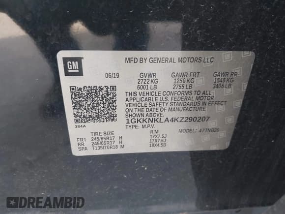 ✅ 2019 GMC Acadia SLE • VIN: 1GKKNKLA4KZ290207 • Lot: 43460264. Listed on IAAI with 60,844 mi. Free auction sales archive from the USA and detailed vehicle history report at DreamBid. Image 9.