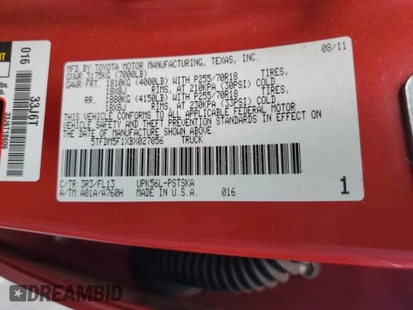 ✅ 2011 Toyota Tundra SR5 • VIN: 5TFDM5F1XBX027056 • Lot: 63811735. Listed on Copart with 272,617 mi. Free auction sales archive from the USA and detailed vehicle history report at DreamBid. Image 12.