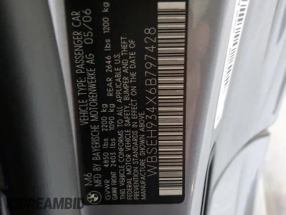 ✅ 2006 BMW M6 • VIN: WBSEH934X6B797428 • Lot: 63462135. Wystawiony na Copart z przebiegiem 73 393 mil. Bezpłatny archiwum sprzedaży aukcyjnych z USA i szczegółowy raport historii pojazdu na DreamBid. Zdjęcie 12.