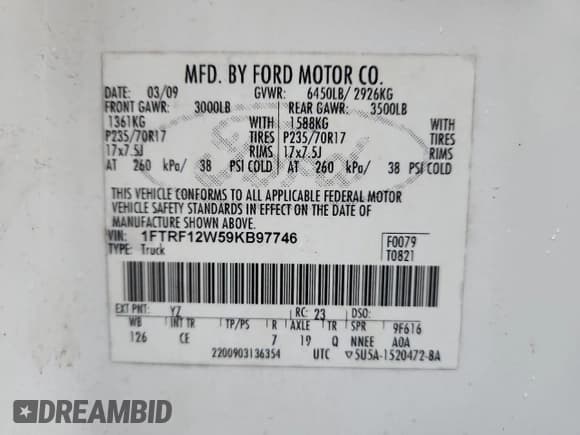 ✅ 2009 Ford F-150 XL • VIN: 1FTRF12W59KB97746 • Lot: 87305105. Wystawiony na Copart z przebiegiem 188 738 mil. Bezpłatny archiwum sprzedaży aukcyjnych z USA i szczegółowy raport historii pojazdu na DreamBid. Zdjęcie 12.