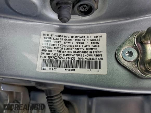 ✅ 2016 Honda Civic LX • VIN: 19XFC2F55GE214936 • Lot: 94490495. Listed on Copart with 105,352 mi. Free auction sales archive from the USA and detailed vehicle history report at DreamBid. Image 13.