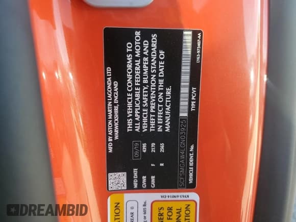 ✅ 2020 Aston Martin Vantage • VIN: SCFSMGAW4LGN03925 • Lot: 50793594. Wystawiony na Copart z przebiegiem Nie podano. Bezpłatny archiwum sprzedaży aukcyjnych z USA i szczegółowy raport historii pojazdu na DreamBid. Zdjęcie 15.