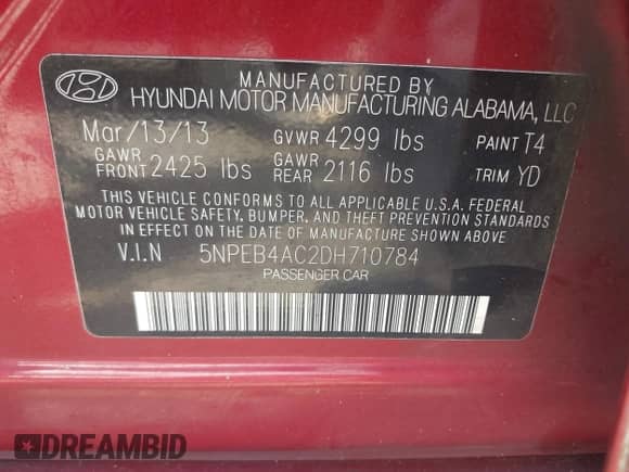 2013 Hyundai Sonata GLS with VIN 5NPEB4AC2DH710784, listed as a IAAI auction lot 43254902 with 152,961 mi miles and . Bid and sale history available at DreamBid. Image 9.