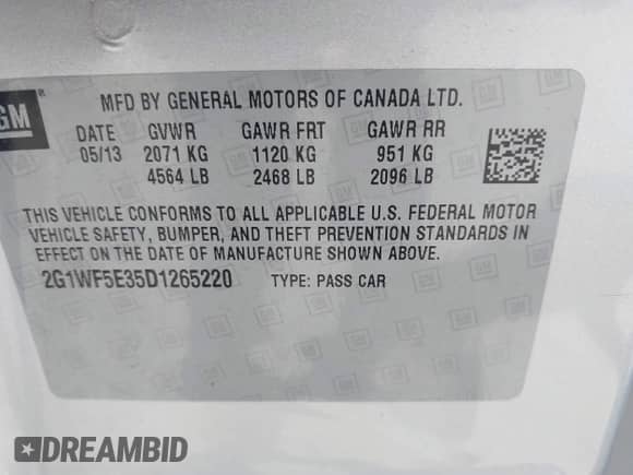 2013 Chevrolet Impala LS z VIN 2G1WF5E35D1265220, wystawiony jako IAAI lot #42559869 z przebiegiem 124 046 mil mil oraz . Historia ofert i sprzedaży dostępna na DreamBid. Obrazek 9.