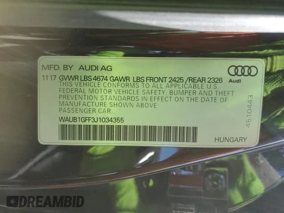 ✅ 2018 Audi S3 Premium Plus • VIN: WAUB1GFF3J1034355 • Lot: 61273645. Wystawiony na Copart z przebiegiem 38 678 mil. Bezpłatny archiwum sprzedaży aukcyjnych z USA i szczegółowy raport historii pojazdu na DreamBid. Zdjęcie 12.