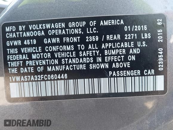 ✅ 2015 Volkswagen Passat S • VIN: 1VWAS7A32FC060446 • Lot: 43264214. Listed on IAAI with 157,377 mi. Free auction sales archive from the USA and detailed vehicle history report at DreamBid. Image 9.