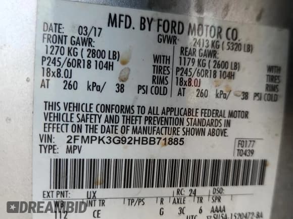 ✅ 2017 Ford Edge SE • VIN: 2FMPK3G92HBB71885 • Лот: 87252585. Опубликован ранее на Copart с пробегом 93 518 миль. Бесплатный доступ к архиву аукционных продаж из США и подробный отчёт об истории автомобиля на DreamBid. Изображение 14.